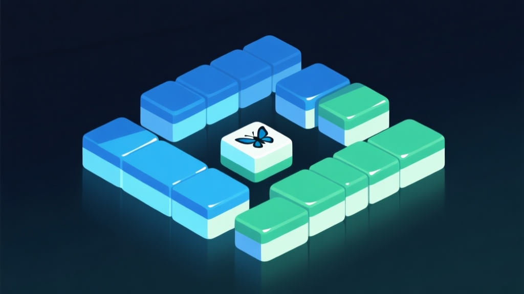 Komposisi abstrak ubin mahjong modern dengan kilatan cahaya kunang-kunang berwarna biru lembut dan hijau, gaya minimalis bersih, latar belakang gelap, ilustrasi konsep game digital high quality illustration, detailed, 16:9