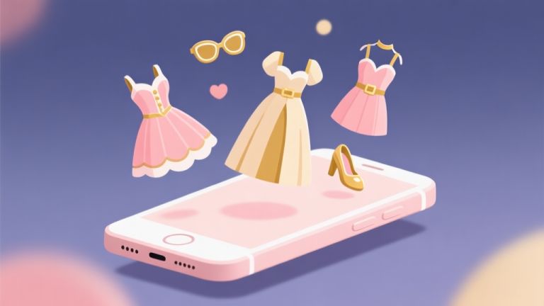 自动生成图片: Ilustrasi minimalis layar game dress-up dengan beberapa pilihan gaun dan aksesori yang melayang di atas smartphone, warna pastel lembut dengan aksen emas, gaya flat design yang bersih high quality illustration, detailed, 16:9