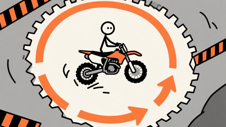 自动生成图片: Ilustrasi minimalis seorang karakter stick figure di atas motor trail, terjebak dalam loop putaran tak berujung di antara rintangan bergerigi dan panah yang menunjukkan arah salah, skema warna abu-abu dan oranye, gaya garis bersih high quality illustration, detailed, 16:9