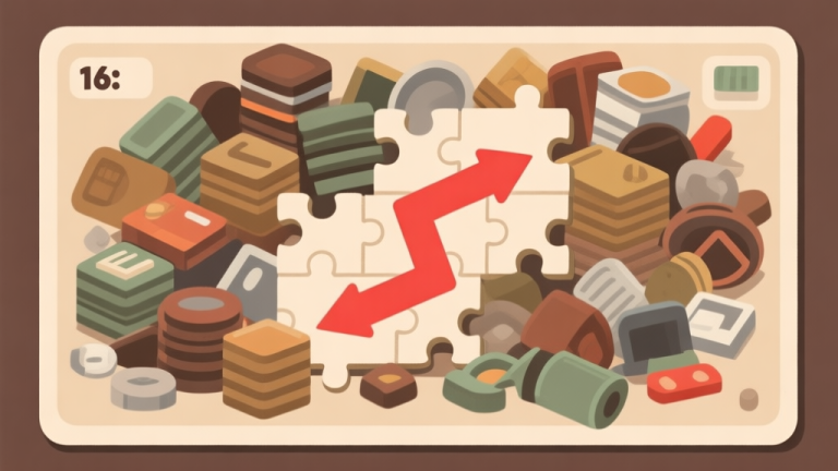 自动生成图片: Ilustrasi digital papan game puzzle yang berantakan, penuh dengan item-level rendah yang bertumpuk, dengan panah merah menunjukkan kebuntuan, gaya flat design minimalis dengan warna earth tone high quality illustration, detailed, 16:9
