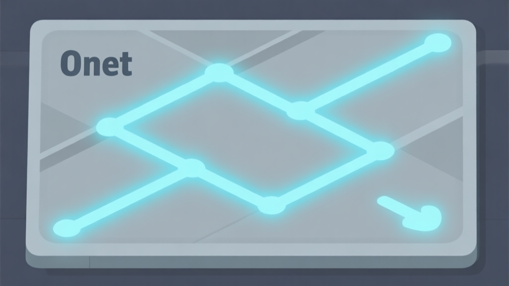 Ilustrasi minimalis papan permainan Onet dengan jalur koneksi yang menyala, warna biru muda dan abu-abu, gaya datar yang bersih, fokus pada pola garis lurus dan sudut dua tikungan high quality illustration, detailed, 16:9