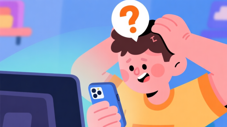 自动生成图片: Ilustrasi kartun lucu seorang pemain game sedang menggaruk-garuk kepala sambil melihat teka-teki di layar ponsel, dengan tanda tanya besar mengambang di atas kepala, gaya flat design dengan warna-warna cerah namun lembut high quality illustration, detailed, 16:9