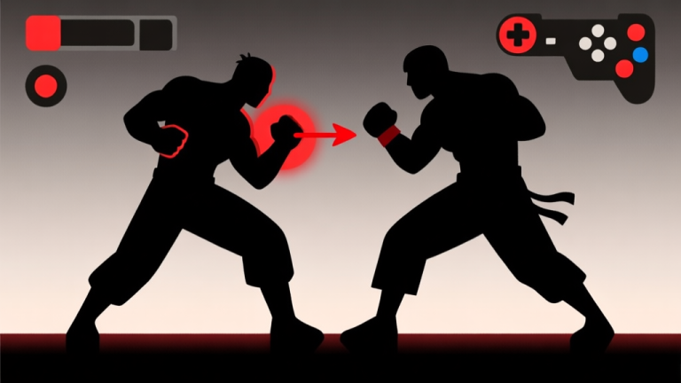 自动生成图片: Ilustrasi dua karakter game fighting siluet dalam pose bertarung, dengan panah merah menyoroti area kontrol yang salah pada joystick dan tombol, gaya flat design minimalis dengan warna gelap dan aksen merah, konsep kesalahan teknis dalam game high quality illustration, detailed, 16:9