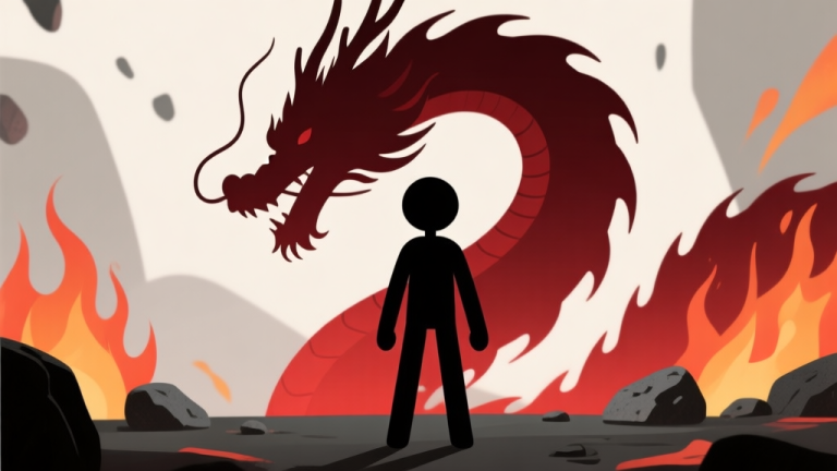 自动生成图片: Ilustrasi minimalis karakter stickman hitam berdiri di hadapan siluet naga besar berwarna merah gelap, latar belakang abstrak dengan elemen api dan batu, gaya garis bersih, komposisi dramatis namun sederhana high quality illustration, detailed, 16:9
