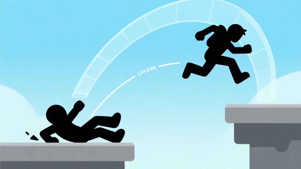 Ilustrasi minimalis dua karakter game siluet, satu terjatuh di dekat platform dan satu berhasil mendarat sempurna, dengan garis lintasan lompatan (parabola) yang transparan menunjukkan perbedaan timing, skema warna biru muda dan abu-abu, gaya clean vector high quality illustration, detailed, 16:9