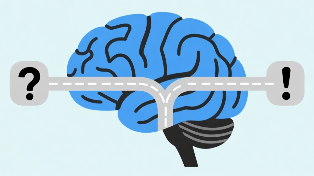Ilustrasi minimalis otak manusia dengan dua jalur pikiran yang bercabang, satu jalur lurus dan satu jalur berliku, ditemani ikon tanda tanya dan tanda seru, skema warna biru muda dan abu-abu, gaya garis bersih high quality illustration, detailed, 16:9