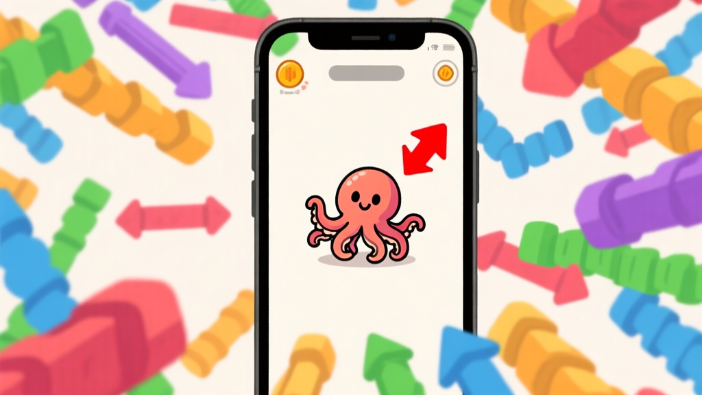 Ilustrasi gaya game mobile dengan karakter cumi-cumi kecil di tengah layar penuh rintangan berwarna-warni, panah merah menunjukkan gerakan swipe yang kacau dan berlebihan, latar belakang sederhana dengan fokus pada kontrol high quality illustration, detailed, 16:9