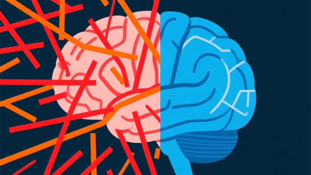 Ilustrasi abstrak pikiran manusia dengan dua sisi: satu sisi kacau dengan garis-garis merah dan oranye yang menyebar seperti panik, sisi lain tenang dengan alur biru yang terstruktur dan fokus, gaya minimalis, komposisi geometris high quality illustration, detailed, 16:9