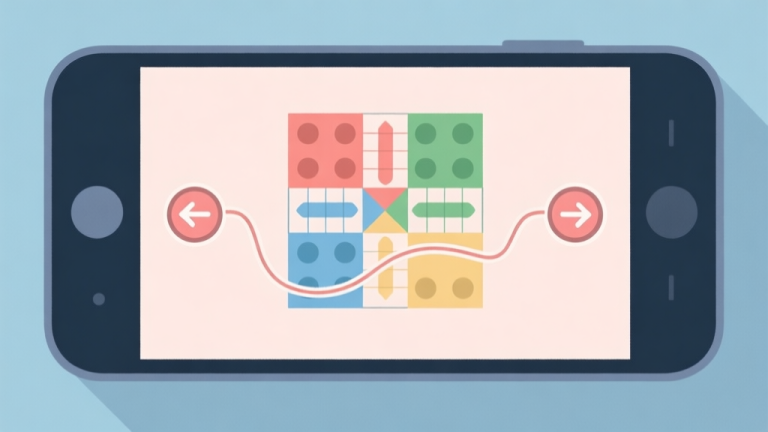 自动生成图片: Ilustrasi minimalis dua tombol panah (kiri dan kanan) di layar ponsel, dengan garis lintasan melengkung seperti pantulan yang menghubungkannya ke papan permainan Ludo yang sederhana, skema warna pastel lembut, gaya flat design high quality illustration, detailed, 16:9