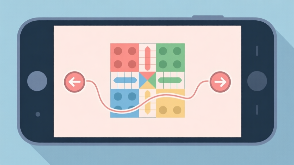 Ilustrasi minimalis dua tombol panah (kiri dan kanan) di layar ponsel, dengan garis lintasan melengkung seperti pantulan yang menghubungkannya ke papan permainan Ludo yang sederhana, skema warna pastel lembut, gaya flat design high quality illustration, detailed, 16:9