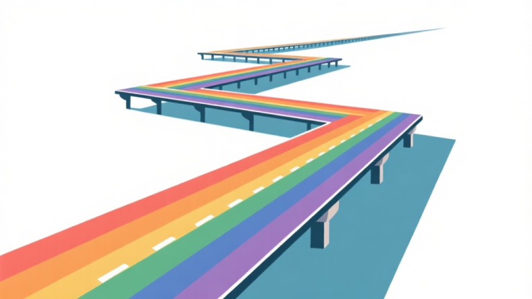 自动生成图片: Ilustrasi minimalis platform-platform berwarna pelangi yang tersusun di kejauhan dengan latar belakang putih bersih, gaya desain geometris sederhana, menampilkan kesan jalur yang panjang dan berliku high quality illustration, detailed, 16:9