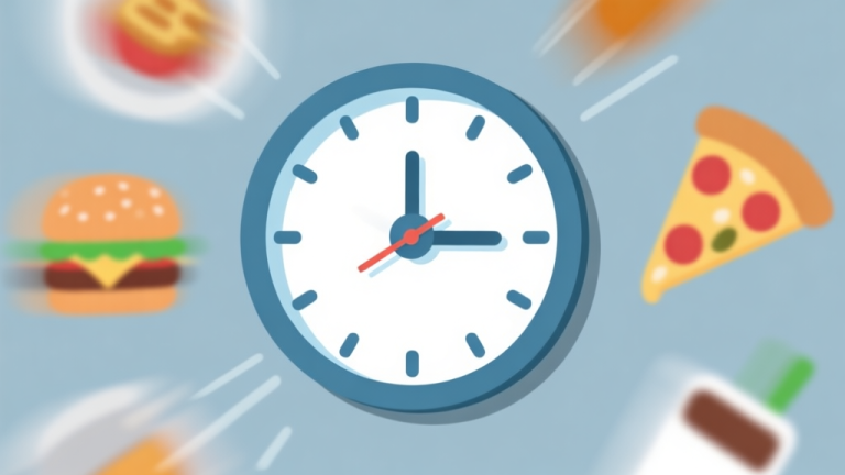 自动生成图片: Ilustrasi minimalis jam dinding dengan panah berputar sangat cepat, dikelilingi ikon-ikon makanan seperti burger dan pizza yang terlihat blur karena kecepatan, skema warna biru muda dan abu-abu, gaya desain clean untuk konsep manajemen waktu game high quality illustration, detailed, 16:9