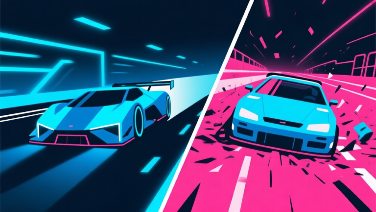 自动生成图片: Ilustrasi minimalis dengan dua kontras: satu sisi menunjukkan mobil balap futuristik bergaya cyberpunk melaju mulus di jalur neon, sisi lain menunjukkan mobil yang sama sedang kesulitan di trek yang kacau. Skema warna biru elektrik dan magenta dengan latar belakang gelap, gaya grafis clean dan geometris. high quality illustration, detailed, 16:9