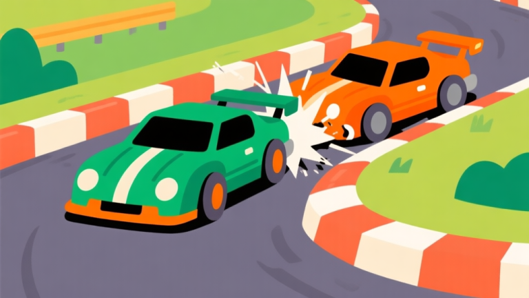 自动生成图片: Ilustrasi gaya game arcade dengan dua mobil balap bergaya kartun saling berdekatan di tikungan, satu mobil dengan jalur hijau menghindar, yang lain dengan jalur oranye sengaja menabrak pembatas untuk memantul. Warna cerah tapi tidak terlalu tajam, gaya flat design yang bersih. high quality illustration, detailed, 16:9