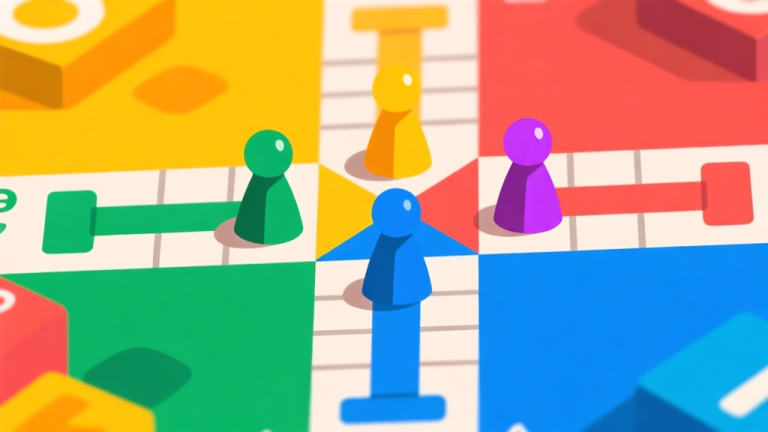 自动生成图片: Ilustrasi papan permainan Ludo digital dengan empat pion berwarna berbeda membentuk formasi blokade di tengah jalur, gaya flat design minimalis dengan warna cerah namun tidak terlalu mencolot, fokus pada posisi strategis pion high quality illustration, detailed, 16:9