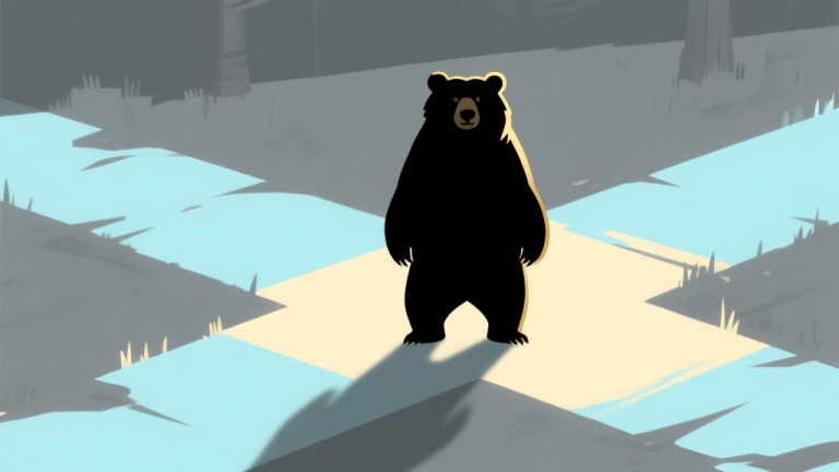 自动生成图片: Ilustrasi karakter beruang siluet dengan desain minimalis, berdiri di persimpangan antara area terang dan bayangan, warna skema abu-abu, biru muda, dan sentuhan emas, gaya konsep game misterius high quality illustration, detailed, 16:9