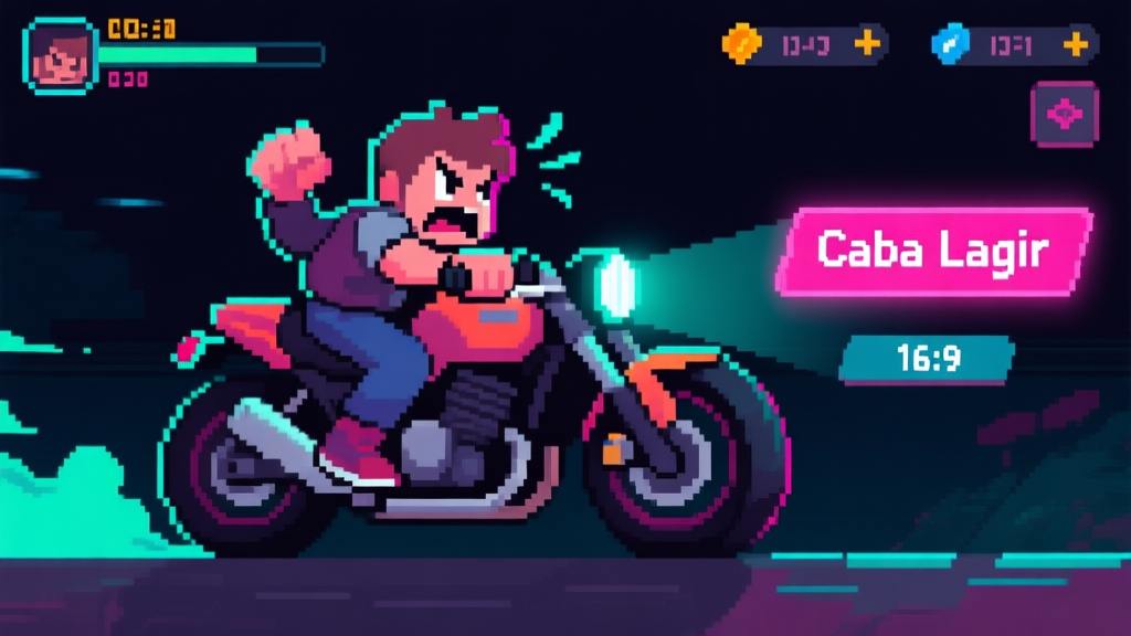 Ilustrasi stylized seorang karakter game di atas sepeda motor pixel art, terlihat frustrasi tapi tertantang, dengan UI game yang menampilkan 'Coba Lagi' menyala, latar belakang gelap dengan aksen neon, gaya seni digital yang dinamis high quality illustration, detailed, 16:9