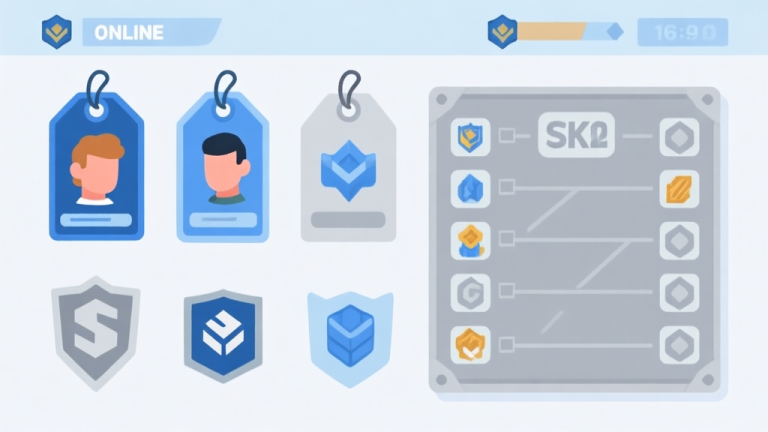 自动生成图片: Ilustrasi minimalis dari berbagai jenis tag dalam game online, seperti label pada avatar pemain, ikon item, dan papan skor tim. Warna pastel lembut dengan aksen biru dan abu-abu, gaya desain bersih dan modern high quality illustration, detailed, 16:9