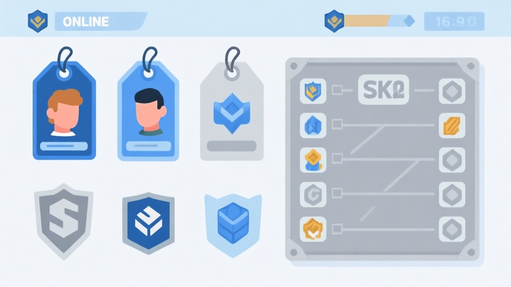 Ilustrasi minimalis dari berbagai jenis tag dalam game online, seperti label pada avatar pemain, ikon item, dan papan skor tim. Warna pastel lembut dengan aksen biru dan abu-abu, gaya desain bersih dan modern high quality illustration, detailed, 16:9