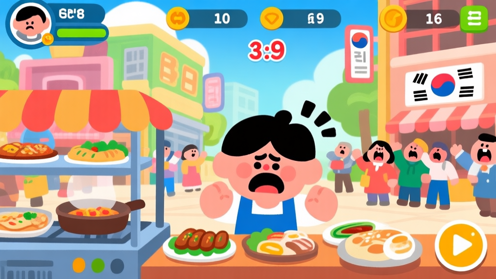 Ilustrasi game memasak Korea dengan antarmuka yang ramai, karakter pemain terlihat frustrasi di depan gerobak makanan, dengan timer yang hampir habis dan pelanggan yang marah-marah, gaya kartun yang cerah namun menunjukkan tekanan high quality illustration, detailed, 16:9