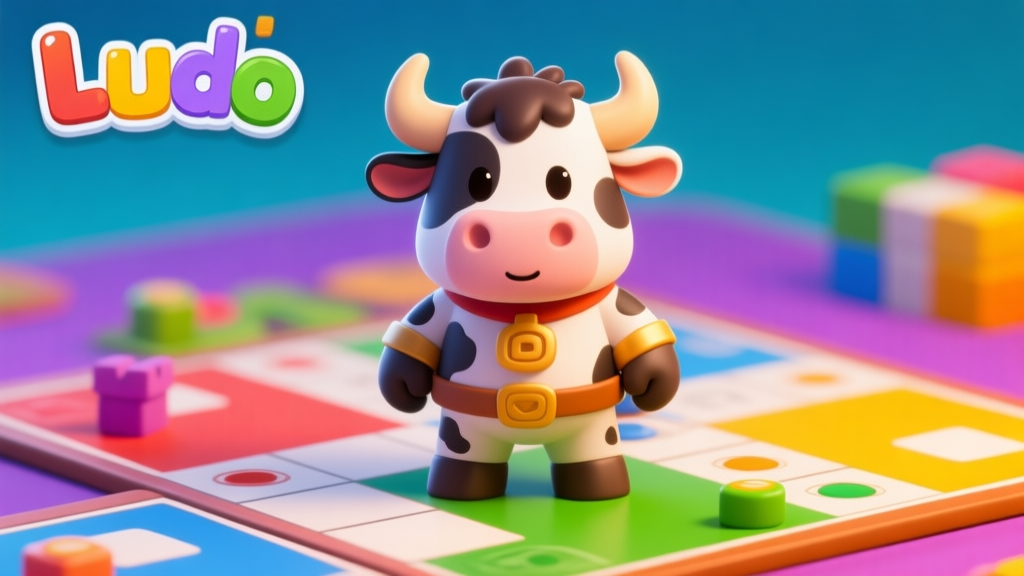 Ilustrasi karakter Cow Castle dalam game Ludo, bergaya kartun 3D yang imut namun perkasa, berdiri di atas papan permainan, dengan latar belakang warna-warni game Ludo yang cerah, desain bersih dan menarik high quality illustration, detailed, 16:9