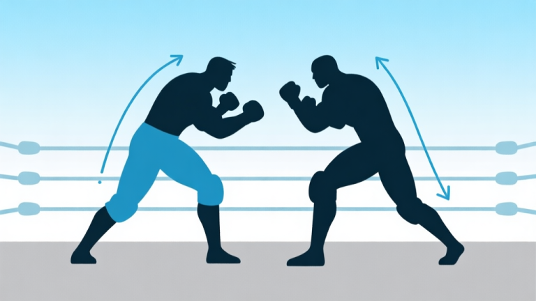 自动生成图片: Ilustrasi minimalis dua karakter siluet game wrassling dalam posisi bertarung, dengan garis-garis arah gerakan (trajectory) yang sederhana, skema warna biru muda dan abu-abu, gaya clean dan profesional, fokus pada spacing dan jarak antar karakter high quality illustration, detailed, 16:9