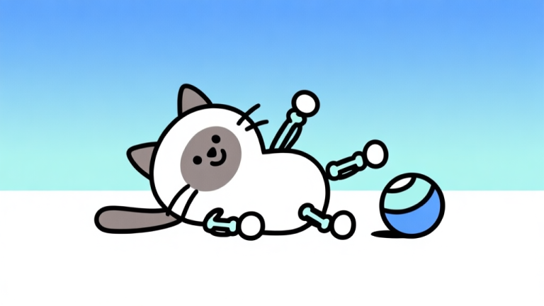 自动生成图片: Ilustrasi minimalis karakter ragdoll sederhana dengan sendi-sendi lingkaran, terjatuh dengan lucu di samping bola, latar belakang gradient biru muda ke putih, gaya clean vector high quality illustration, detailed, 16:9