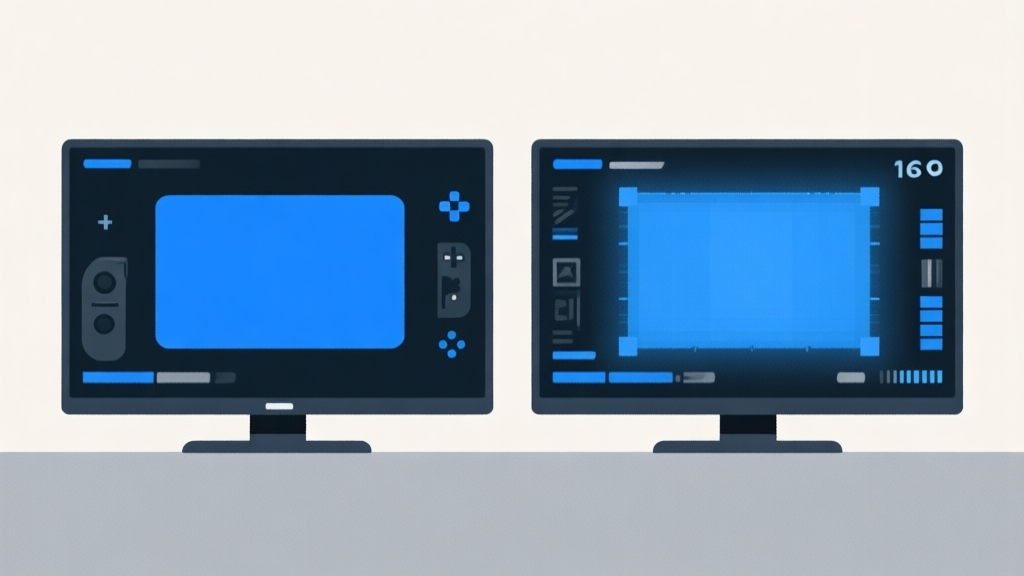 Ilustrasi minimalis dua layar game side-by-side, satu tampilan normal dan satu dengan area pandang yang diperlebar secara digital, skema warna biru dan abu-abu gelap, gaya garis bersih, konsep teknik gaming high quality illustration, detailed, 16:9