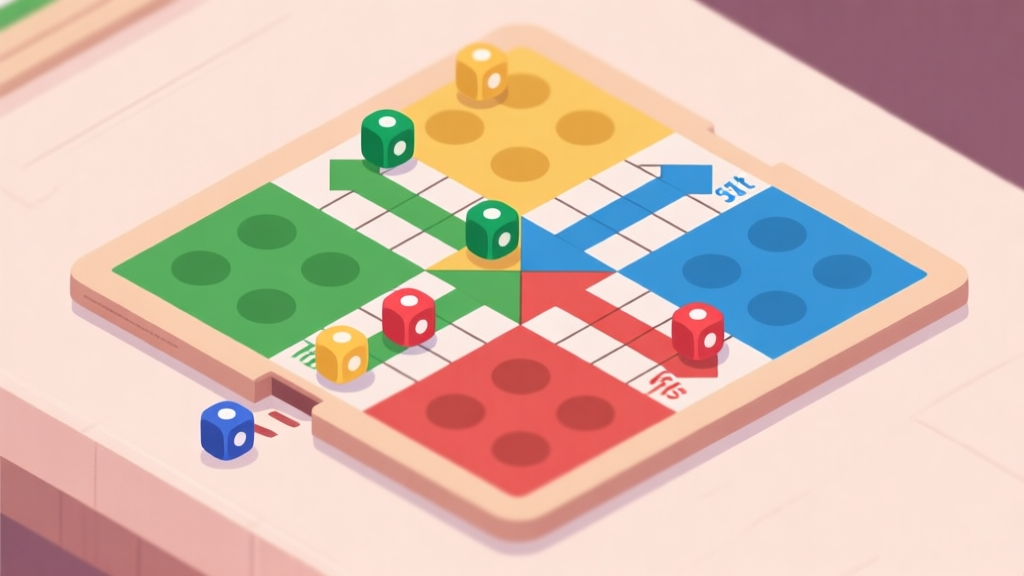 Ilustrasi papan permainan Ludo digital dengan 4 token dari setiap warna berada di posisi strategis yang berbeda, beberapa di start, beberapa di trek, dan satu hampir masuk home. Tampak dari atas, gaya minimalis dengan warna soft. high quality illustration, detailed, 16:9