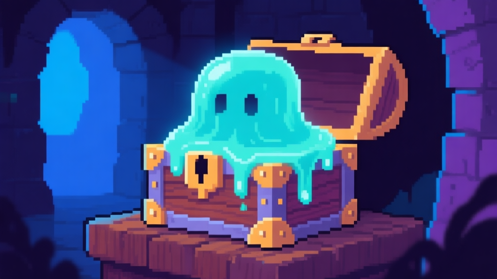 Ilustrasi close-up sebuah Blumgi Slime dalam gaya game pixel art, dengan tekstur berlendir dan cahaya internal yang lembut, ditempatkan di atas peti harta karun kayu. Latar belakang dungeon yang gelap dengan nuansa biru dan ungu, desain minimalis namun detail. high quality illustration, detailed, 16:9