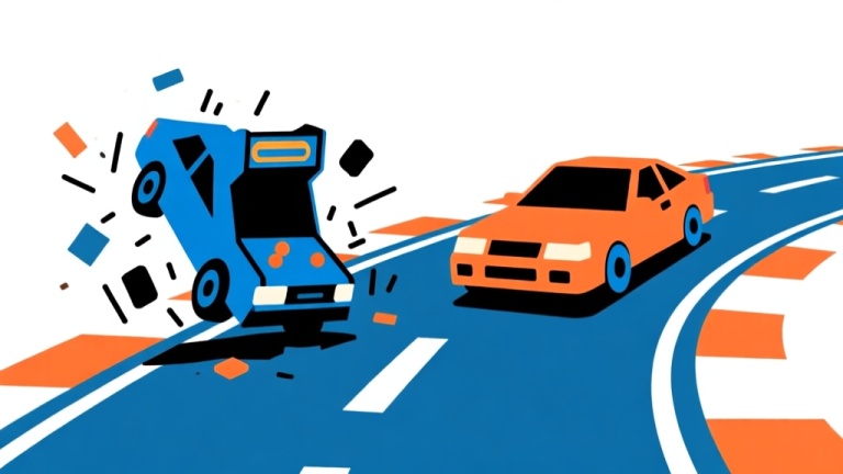 自动生成图片: Ilustrasi vektor minimalis dua mobil game: satu mobil berantakan terlempar dari trek bergaya arcade, satu mobil melaju mulus di dalam trek. Warna biru dan oranye, garis tegas, latar belakang bersih, gaya infografis game high quality illustration, detailed, 16:9