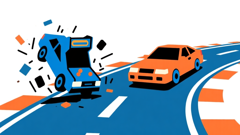 Ilustrasi vektor minimalis dua mobil game: satu mobil berantakan terlempar dari trek bergaya arcade, satu mobil melaju mulus di dalam trek. Warna biru dan oranye, garis tegas, latar belakang bersih, gaya infografis game high quality illustration, detailed, 16:9