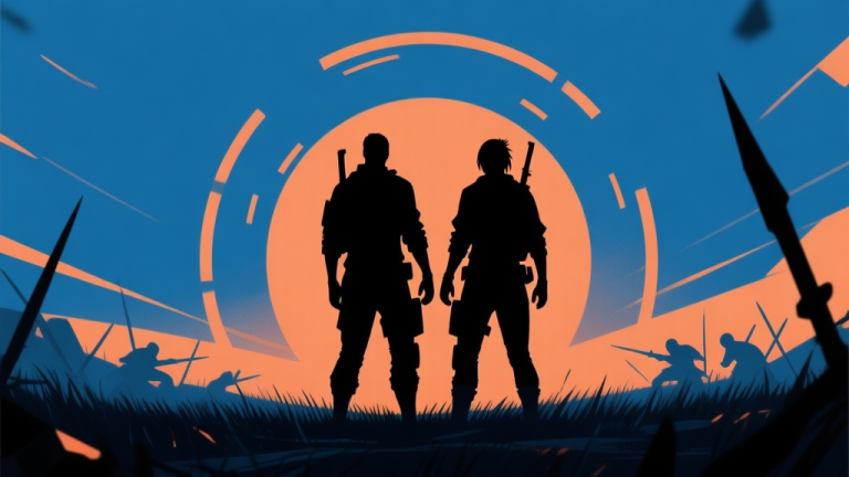 自动生成图片: Ilustrasi dua karakter siluet berdiri back-to-back di tengah medan pertempuran game survival yang abstrak, dengan lingkaran zona aman menyempit di latar belakang, nuansa warna biru dan jingga gelap, gaya minimalis dan tegang high quality illustration, detailed, 16:9