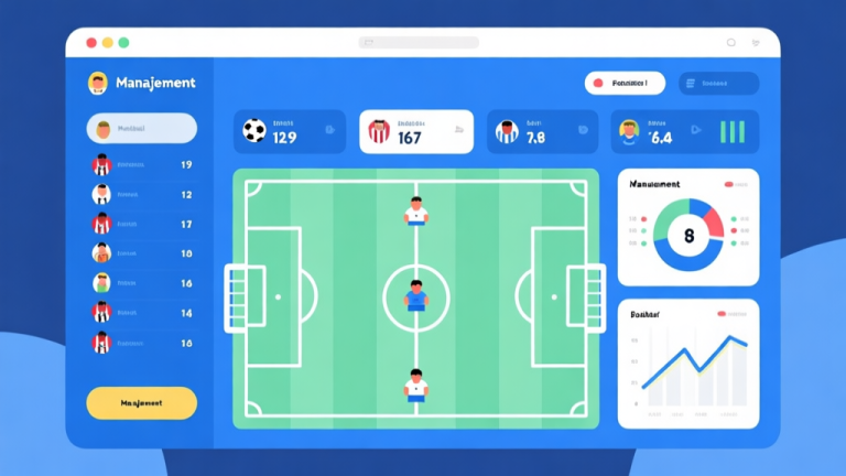 自动生成图片: Ilustrasi layar antarmuka game manajemen sepak bola dengan berbagai statistik, daftar pemain, dan grafik sederhana, gaya flat design minimalis, skema warna biru dan hijau muda, terlihat clean dan informatif high quality illustration, detailed, 16:9