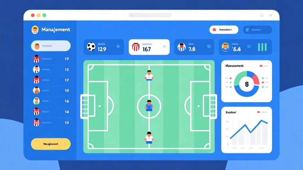 Ilustrasi layar antarmuka game manajemen sepak bola dengan berbagai statistik, daftar pemain, dan grafik sederhana, gaya flat design minimalis, skema warna biru dan hijau muda, terlihat clean dan informatif high quality illustration, detailed, 16:9