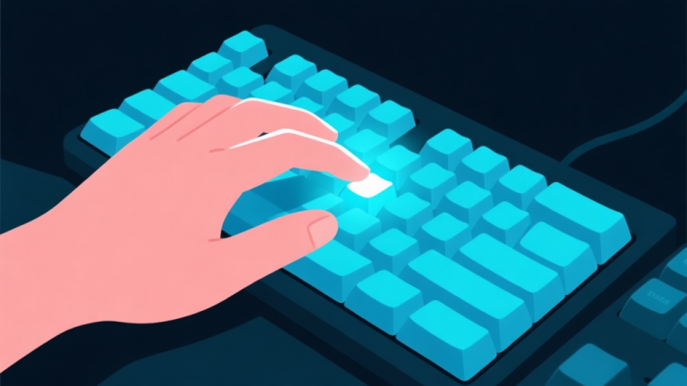 自动生成图片: Ilustrasi minimalis tangan di atas keyboard gaming dengan jejak cahaya berwarna biru muda di atas tombol tertentu, menunjukkan kecepatan dan presisi, latar belakang gelap, gaya clean dan profesional high quality illustration, detailed, 16:9