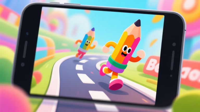 自动生成图片: Ilustrasi game mobile dengan karakter pensil berwarna-warni sedang berlomba di jalur berliku yang sempit, latar belakang blur dengan elemen dekoratif warna-warni, gaya kartun yang bersih dan cerah, komposisi dinamis high quality illustration, detailed, 16:9