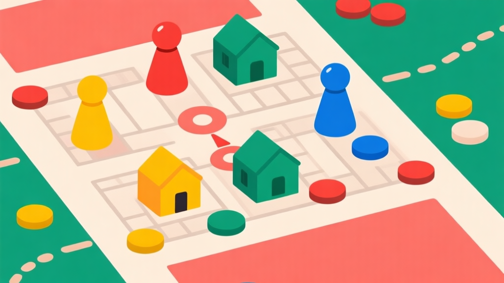 Ilustrasi papan permainan Ludo dengan empat bidak warna berbeda berada di posisi strategis, beberapa di rumah dan beberapa di trek. Tampak dari atas, gaya flat design minimalis dengan warna-warna cerah tapi tidak mencolok, fokus pada geometri papan dan bidak. high quality illustration, detailed, 16:9