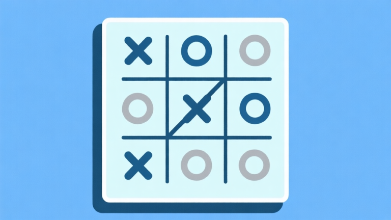 自动生成图片: Ilustrasi minimalis papan Tic Tac Toe 3x3 dengan simbol X dan O yang tersusun dalam pola kemenangan diagonal, skema warna biru muda dan abu-abu, gaya garis bersih, konsep strategi high quality illustration, detailed, 16:9