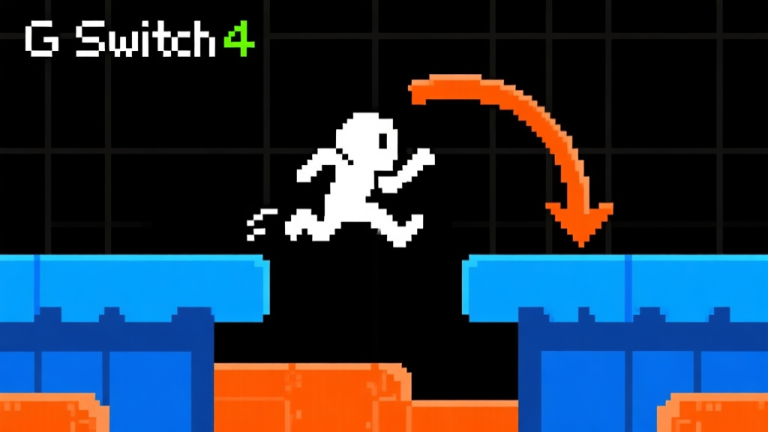 自动生成图片: Ilustrasi karakter sederhana bergaya pixel art dari G Switch 4 sedang melompat di antara platform biru dan oranye, dengan panah melengkung menunjukkan perubahan arah gravitasi, latar belakang gelap dengan grid minimalis, gaya game platform klasik high quality illustration, detailed, 16:9