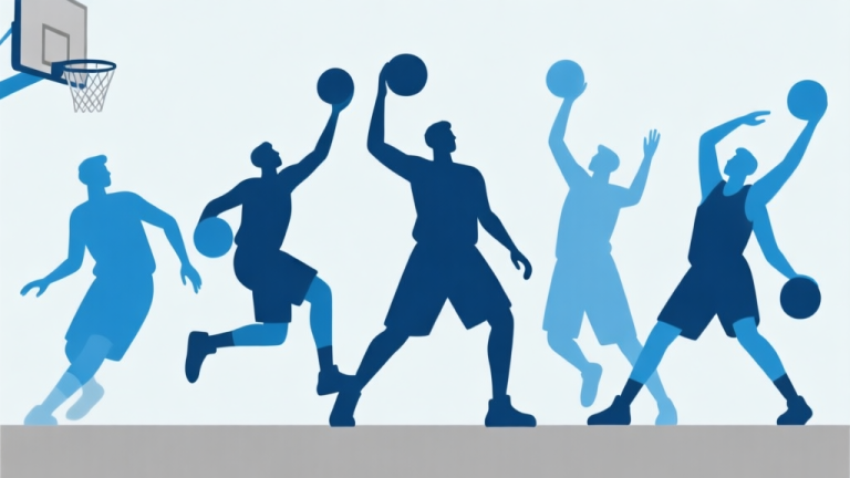 自动生成图片: Komposisi grafis minimalis dengan siluet karakter basket dalam berbagai pose dinamis, skema warna biru muda dan abu-abu, gaya clean vector, ilustrasi konsep pilihan strategis high quality illustration, detailed, 16:9