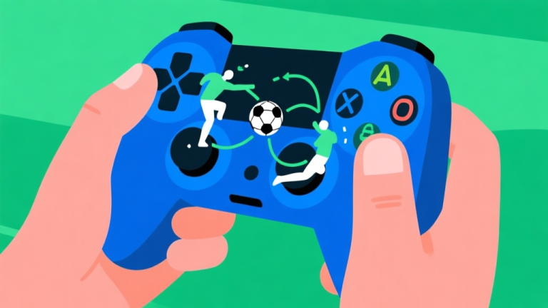自动生成图片: Ilustrasi minimalis tangan memegang kontroler game dengan overlay diagram gerakan skill sepak bola, warna biru dan hijau dominan, gaya flat design, fokus pada elemen digital dan kontrol high quality illustration, detailed, 16:9