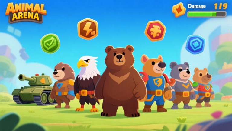 自动生成图片: Ilustrasi kartun karakter hero hewan dari Animal Arena (seperti beruang, elang, rubah) berdiri dalam formasi tim, dengan statistik dan ikon peran (tank, damage, support) mengambang di sekitar mereka, gaya artwork game mobile yang cerah dan bersih high quality illustration, detailed, 16:9