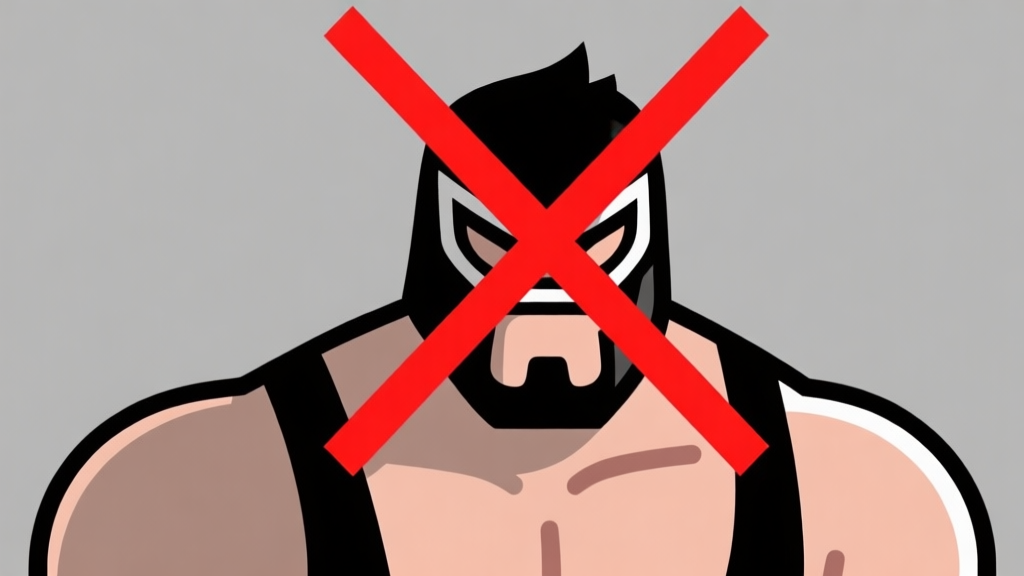 Ilustrasi karakter game wrestling dengan tanda silang merah di atasnya, menunjukkan kesalahan umum, gaya grafis minimalis dengan warna dominan abu-abu dan aksen merah, komposisi bersih high quality illustration, detailed, 16:9