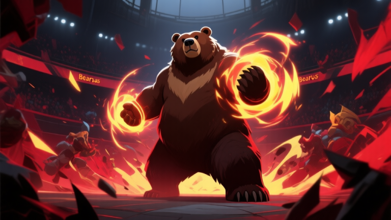 自动生成图片: Ilustrasi karakter game beruang besar (Bearsus) berdiri di tengah arena pertempuran, dikelilingi oleh efek skill yang berantakan, gaya seni game MOBA modern, warna gelap dengan aksen merah dan kuning, komposisi dinamis high quality illustration, detailed, 16:9