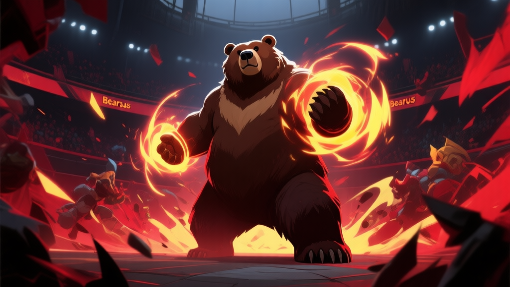 Ilustrasi karakter game beruang besar (Bearsus) berdiri di tengah arena pertempuran, dikelilingi oleh efek skill yang berantakan, gaya seni game MOBA modern, warna gelap dengan aksen merah dan kuning, komposisi dinamis high quality illustration, detailed, 16:9