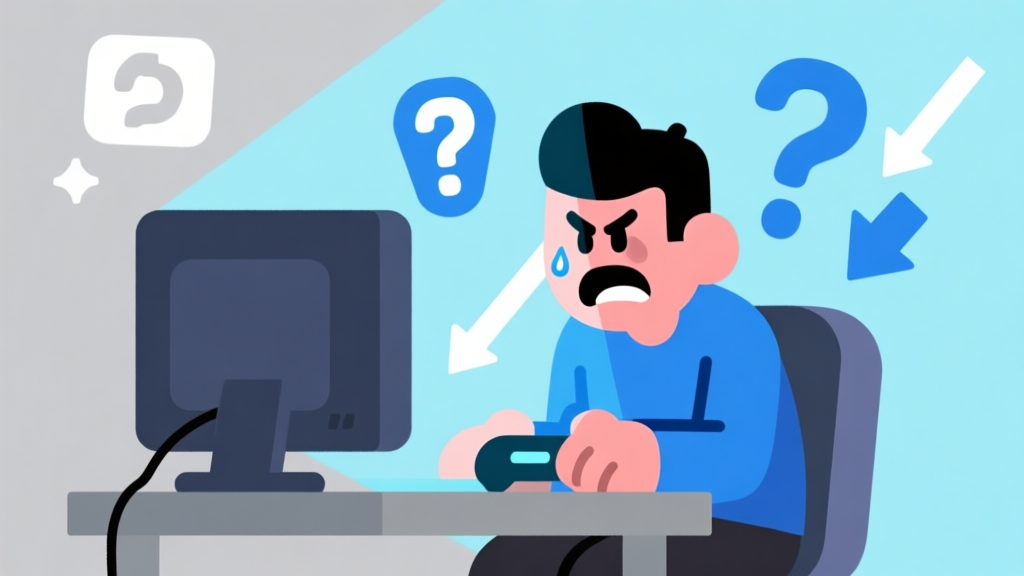 Ilustrasi karakter game kartun yang terlihat frustrasi duduk di depan layar kalah, dengan simbol tanda tanya dan grafik panah turun di sekitarnya, gaya flat design minimalis, skema warna biru muda dan abu-abu, nuansa gaming high quality illustration, detailed, 16:9