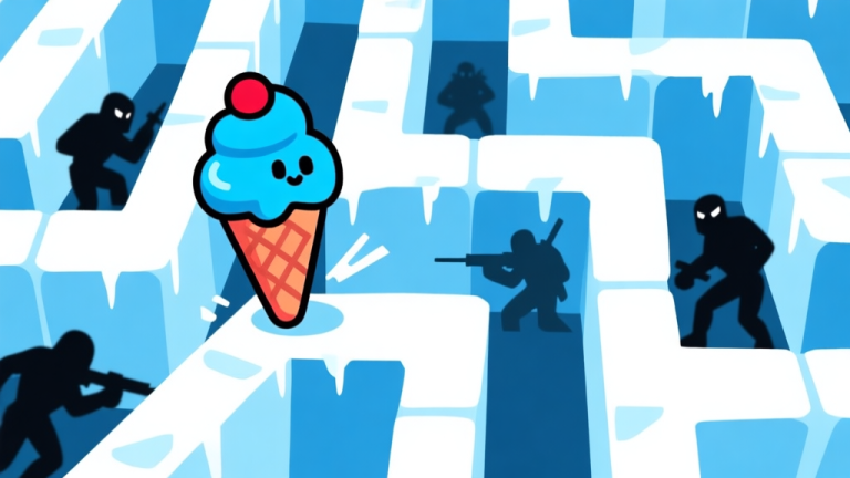 自动生成图片: Ilustrasi minimalis karakter es krim biru dan merah dari game Bad Ice Cream sedang bermanuver di labirin es dengan blok dan musuh bayangan, gaya flat design dengan warna dingin dominan biru dan putih, komposisi bersih untuk visual panduan gameplay high quality illustration, detailed, 16:9