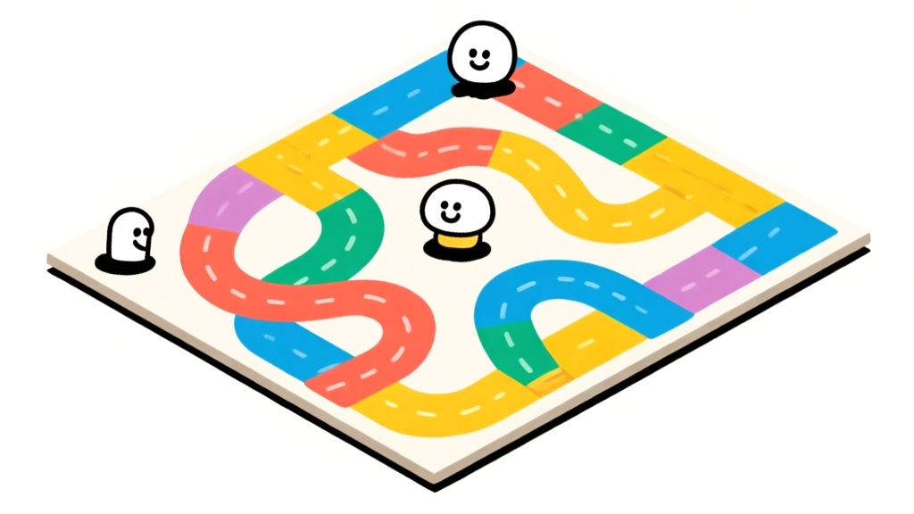 Ilustrasi papan permainan papan abstrak dengan jalur berliku berwarna-warni, potongan karakter kartun sederhana di atasnya, latar belakang putih bersih, gaya minimalis dan ceria high quality illustration, detailed, 16:9