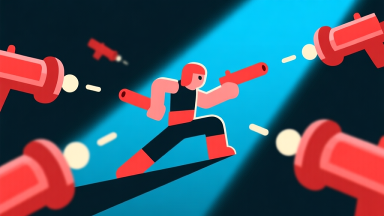 自动生成图片: Ilustrasi karakter game bergaya minimalis sedang melakukan gerakan zig-zag yang ketat di antara proyektil berwarna merah, latar belakang gelap dengan sorotan biru, gaya visual clean dan dinamis high quality illustration, detailed, 16:9